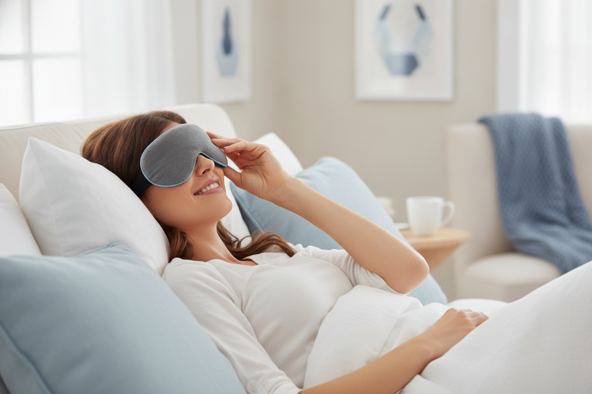 A person relaxing with a warm eye compress over their eyes in a bright, serene room with blue and white decor.